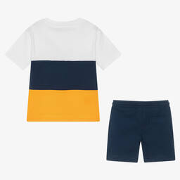 Mayoral-Бело-оранжевая футболка и синие шорты | Childrensalon Outlet
