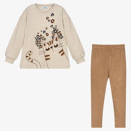 Mayoral-Girls Beige & Brown Cotton Leggings Set | Childrensalon Outlet