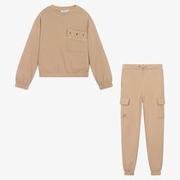 Mayoral-Girls Beige Cotton Jersey Tracksuit | Childrensalon Outlet