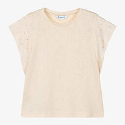 Mayoral-Girls Beige Glitter Studded T-Shirt | Childrensalon Outlet