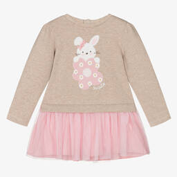 Mayoral-Бежево-розовое платье из хлопка и тюля | Childrensalon Outlet