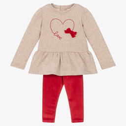 Mayoral-Girls Beige & Red Heart Leggings Set | Childrensalon Outlet