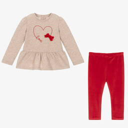 Mayoral-Girls Beige & Red Heart Leggings Set | Childrensalon Outlet