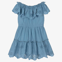 Mayoral-Girls Blue Cotton Broderie Anglaise Dress | Childrensalon Outlet