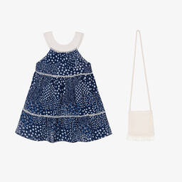 Mayoral-Girls Blue Cotton Dress & Ivory Bag Set | Childrensalon Outlet