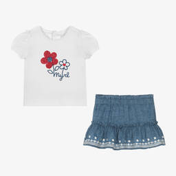 Mayoral-Girls Blue Cotton & Linen Skirt Set | Childrensalon Outlet