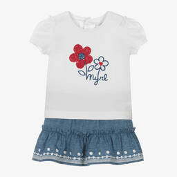 Mayoral-Girls Blue Cotton & Linen Skirt Set | Childrensalon Outlet