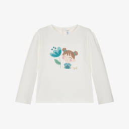 Mayoral-Girls Blue & Cream Long Sleeve Tee | Childrensalon Outlet