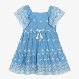 Mayoral-Girls Blue Embroidered Cotton Dress | Childrensalon Outlet