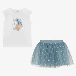 Mayoral-Футболка с цветами и голубая юбка из тюля | Childrensalon Outlet