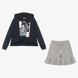 Mayoral-Girls Blue Hoodie & Skirt Set | Childrensalon Outlet