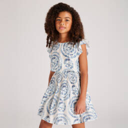 Mayoral-Girls Blue & Ivory Petal Dress | Childrensalon Outlet
