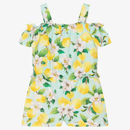 Mayoral-Girls Blue Lemon Print Cotton Playsuit | Childrensalon Outlet
