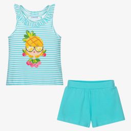 Mayoral-طقم شورت قطن لون أزرق تركواز للبنات | Childrensalon Outlet