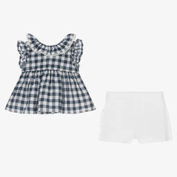 Mayoral-Girls Blue & White Check Linen Short Set | Childrensalon Outlet
