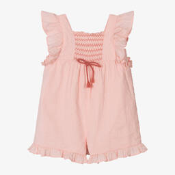 Mayoral-Girls Coral Pink Shirred Cotton Playsuit | Childrensalon Outlet