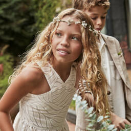 Mayoral-فستان أنيق من الأورجانزا البيج للبنات | Childrensalon Outlet