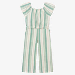 Mayoral-Girls Emerald & Ivory Striped Cotton Ensemble | Childrensalon Outlet