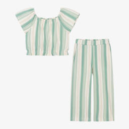 Mayoral-Girls Emerald & Ivory Striped Cotton Ensemble | Childrensalon Outlet