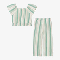 Mayoral-Girls Emerald & Ivory Striped Cotton Ensemble | Childrensalon Outlet