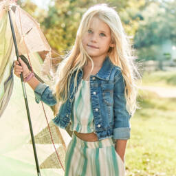 Mayoral-Girls Emerald & Ivory Striped Cotton Ensemble | Childrensalon Outlet