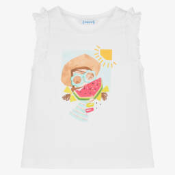 Mayoral-Girls Frilly White Graphic Tee | Childrensalon Outlet