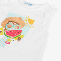 Mayoral-Girls Frilly White Graphic Tee | Childrensalon Outlet