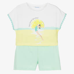مايورال-طقم شورت قطن لون أبيض وأخضر نعناعي للبنات | Childrensalon Outlet