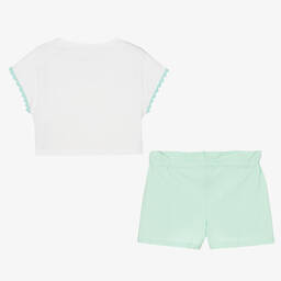 مايورال-طقم شورت قطن لون أبيض وأخضر نعناعي للبنات | Childrensalon Outlet