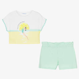 مايورال-طقم شورت قطن لون أبيض وأخضر نعناعي للبنات | Childrensalon Outlet