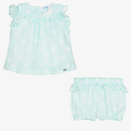 Mayoral-طقم شورت أطفال بناتي مزيج قطن لون أخضر وأبيض | Childrensalon Outlet