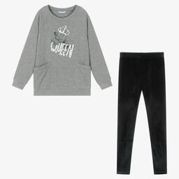 مايورال-طقم ليغنغز قطن جيرسي وقطيفة لون رمادي و أسود للبنات | Childrensalon Outlet