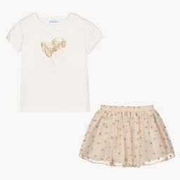 مايورال-طقم تنورة قطن وتول لون بيج وعاجي | Childrensalon Outlet