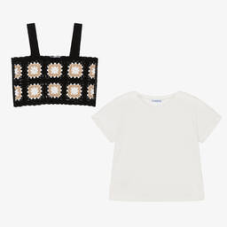 Mayoral-Черный вязаный крючком топ и кремовая футболка | Childrensalon Outlet