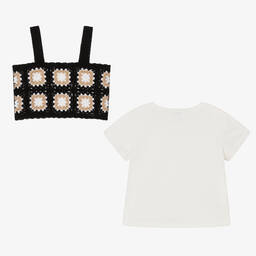 Mayoral-Черный вязаный крючком топ и кремовая футболка | Childrensalon Outlet
