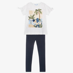 Mayoral-Кремовая футболка и синие легинсы из хлопка | Childrensalon Outlet