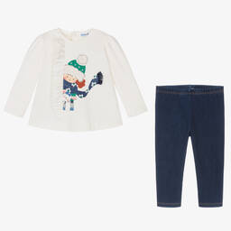 Mayoral-طقم ليقنز  قطن جيرسي لون عاجي وأزرق للبنات | Childrensalon Outlet