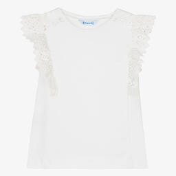 Mayoral-Girls Ivory Cotton Crochet T-Shirt | Childrensalon Outlet