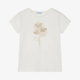 Mayoral-Girls Ivory Floral Cotton Tee | Childrensalon Outlet