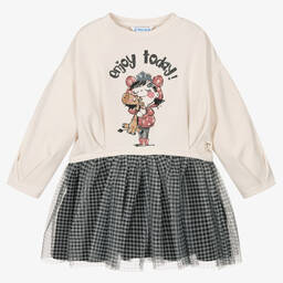 مايورال-فستان قطن جيرسي جينغهام لون عاجي وأسود | Childrensalon Outlet