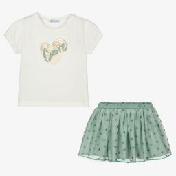 مايورال-طقم تنورة قطن جيرسي وتول لون عاجي وأخضر | Childrensalon Outlet