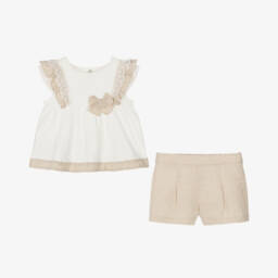 Mayoral-طقم شورت عاجي للبنات من الكتان والقطن | Childrensalon Outlet