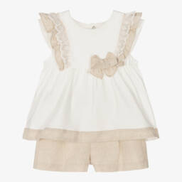 Mayoral-طقم شورت عاجي للبنات من الكتان والقطن | Childrensalon Outlet