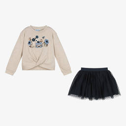 Mayoral-Girls Navy Blue Jersey & Tulle Skirt Set | Childrensalon Outlet