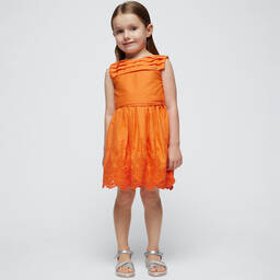 Mayoral-Girls Orange Embroidered Cotton Dress | Childrensalon Outlet