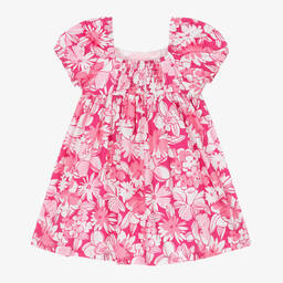 مايورال-فستان قطن بوبلين لون زهري وأبيض بطبعة ورود | Childrensalon Outlet