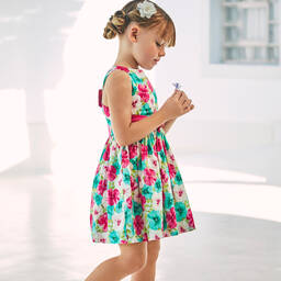 Mayoral-Girls Pink & Green Floral Cotton Dress | Childrensalon Outlet