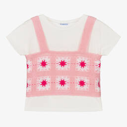 Mayoral-Розовый вязаный крючком топ и кремовая футболка | Childrensalon Outlet