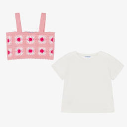 Mayoral-Розовый вязаный крючком топ и кремовая футболка | Childrensalon Outlet