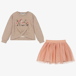 Mayoral-طقم تنورة قطن جيرسي وتول لون زهري | Childrensalon Outlet